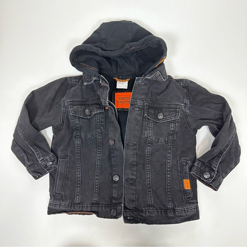 ZARA Kids LINED DENIM JACKET HOOD  Size 6  Black Charcoal Wash Zip Up Buttons